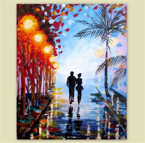 Large Original Acrylic Painting Couple In Love Night Scene 2 Lights Of The Night Palette Knife