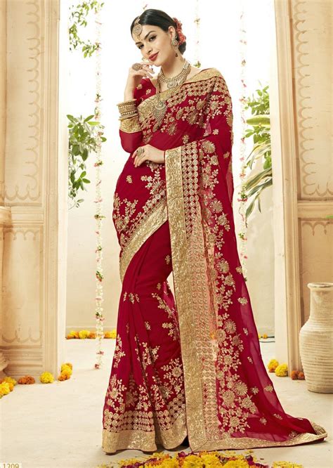 Red Faux Georgette Embroidered Bridal Saree 1209 Saree Designs Party