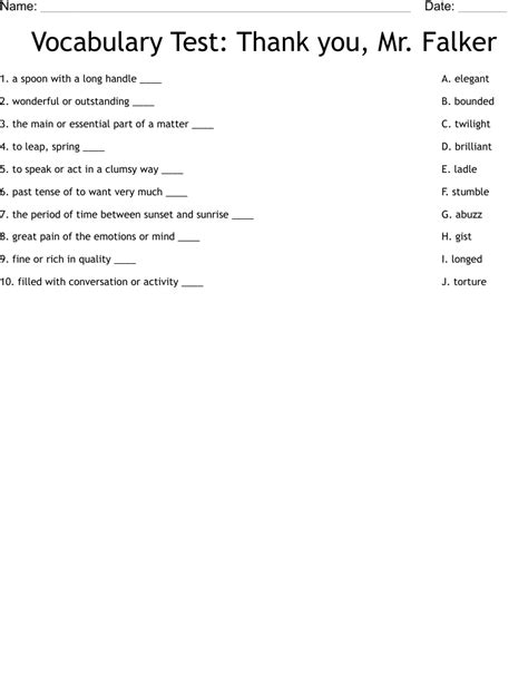 Vocabulary Test Thank You Mr Falker Worksheet Wordmint