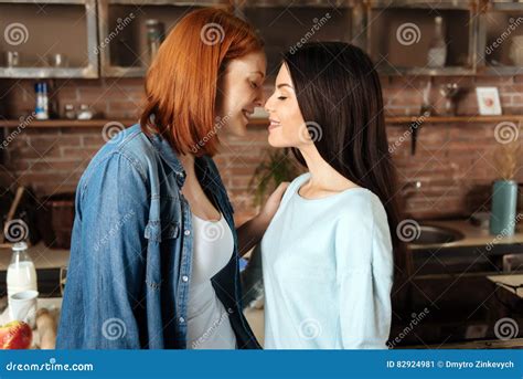 Close Up Of Lesbians Kissing At The Moment Stock Image Image Of Interaction Brunette