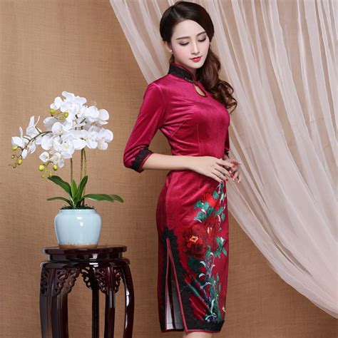 Gorgeous Peony Flowers Knee Length Cheongsam Qipao Dress Qipao Cheongsam Dresses Women