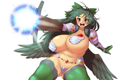 rule 34 d arm cannon armor belly blue hair blush bouncing breasts bow breasts brown eyes