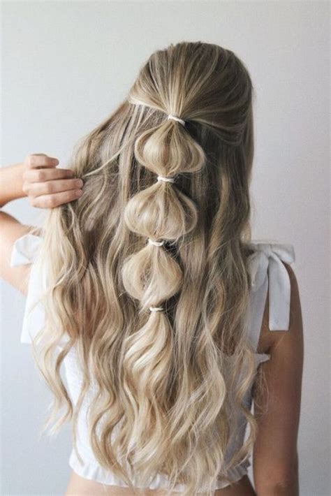 Picture Of An Easy Half Updo With A Bubble Braid And Waves Is A Romantic And Boho Option To Go For