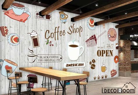 White Wooden Wall Graphic Design Coffee Shop Restaurant Art Wall Mural