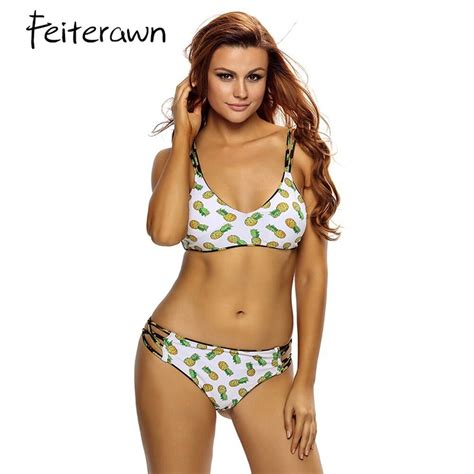 Feiterawn 2018 Swimwear Women Plus Size Crisscross Straps Pineapple Print Bathing Suit 2pcs