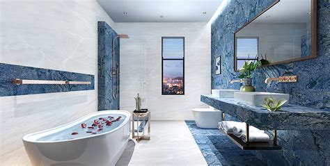 Blue Marble Tiles On Bathroom Wall