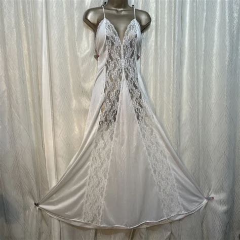 Vtg L Xl White Nightgown Nylon Lace Bridal Val Mode Shiny Sheer Sexy Gown 8999 Picclick