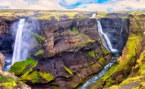 Haifoss Waterfall In Iceland Amazing Nature Landscape Large Panorama