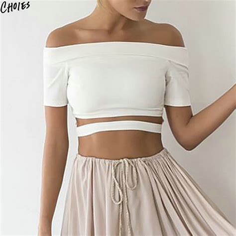 White Off The Shoulder Open Belly Cropped T Shirt Women Summer Short