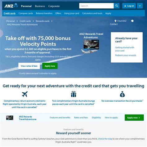 Anz credit cards are a great choice if you want to be rewarded for your spending, with a wide range of credit cards on offer. ANZ Rewards Travel Adventures Credit Card - Bonus 75,000 Velocity Points with $2500 Spend in 3 ...