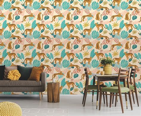 Wallpaper With Exotic Leaves And Leopards Self Adhesive Peel Etsy