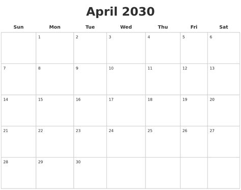 April 2030 Blank Calendar Pages