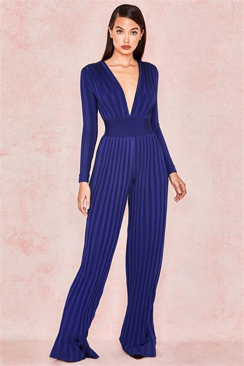High Quality Deep Blue Long Sleeve V Neck Rayon Bandage Jumpsuit Sexy Evening Party Jumpsuit