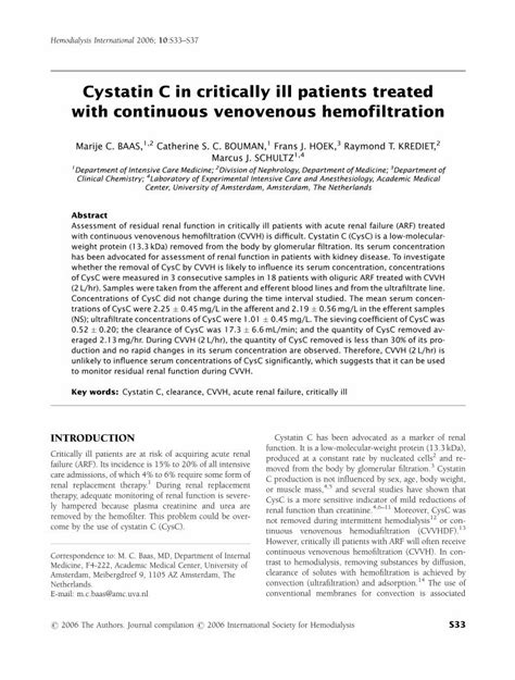 Pdf Cystatin C In Critically Ill Patients Treated With Continuous Venovenous Hemofiltration