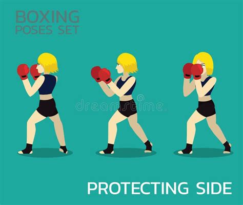 Protecting Side Manga Boxing Poses Set Woman Cartoon Vector