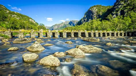 Norway River Stone Bridge Stones Mountains Blue Sky Photo Green Nature