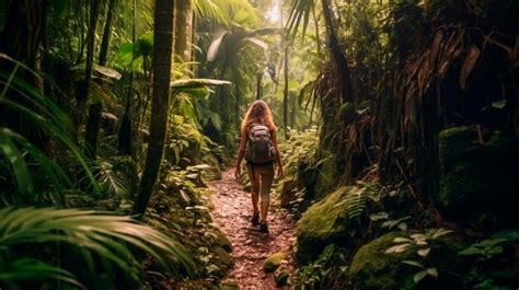 Premium Ai Image Hiking Woman In Tropical Jungle Backpacker Generative Ai