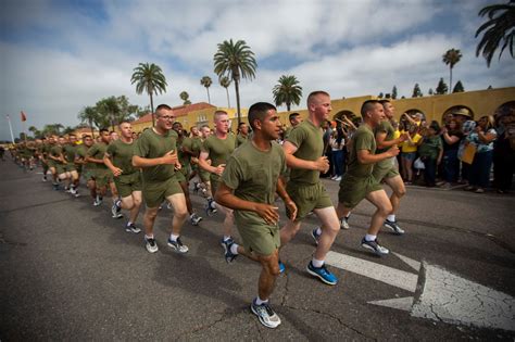 the new marines of echo company 2nd recruit training battalion conduct a motivational run at