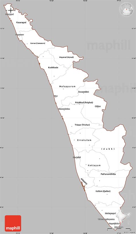 Map of kerala (india), satellite view. Gray Simple Map of Kerala, cropped outside