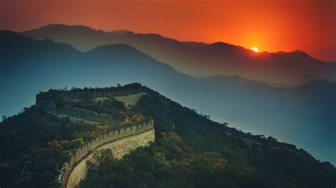 Great Wall Of China Wallpaper 4k Sunset Orange Sky Mountains 2134