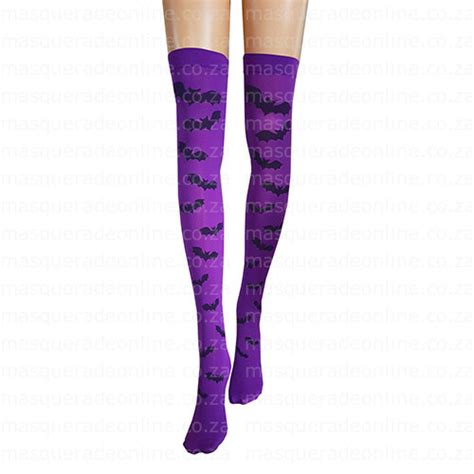 purple thigh high stockings with bat detail masquerade costume hire
