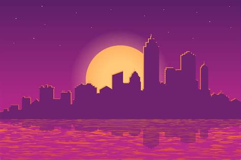 Ilustración De Vector De Paisaje De La Ciudad Al Atardecer Por La Noche