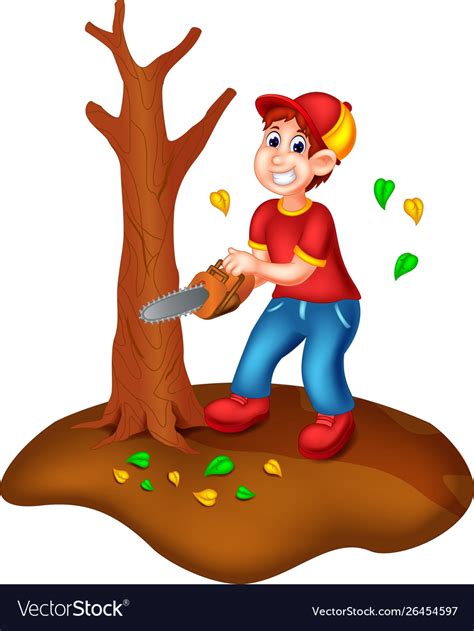 Funny Boy Cutting A Tree Cartoon Royalty Free Vector Image