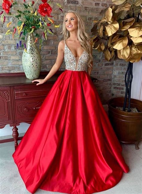 Charming Red V Neck Rhinestones Satin Prom Dresses Spaghetti Straps