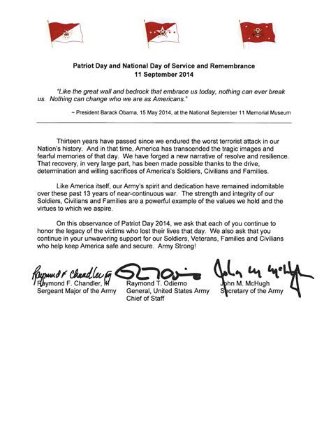 2014 Patriot Day Tri Signed Letter Article The United States Army