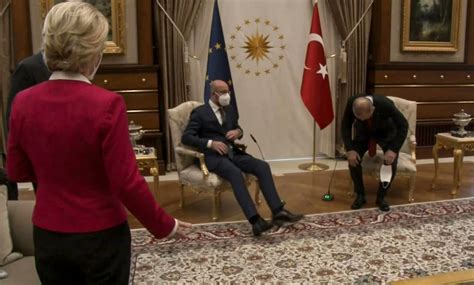 Later, von der leyen appears seated on a sofa, leaving her seemingly left out from the 'men's talk'. Sofagate: EU leaders get a taste of their own medicine | Turkish Minute