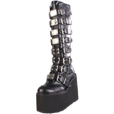 demonia black pu 5 5 metal plate platform knee high boot goth swing 815 b pu goth shoes