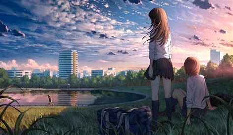 Wallpaper School Uniform Landscape Scenic Clouds Park Anime Girls