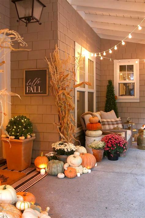 Neutral Fall Porch Decor With Pumpkins And Cornstalks Fall