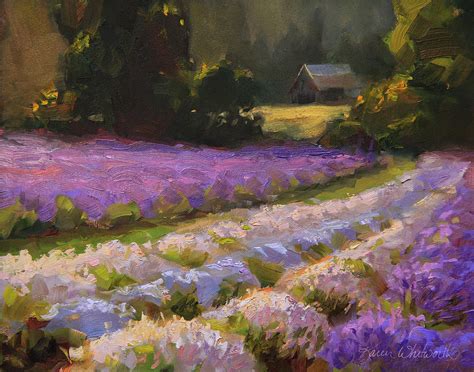 Lavender Farm Landscape Painting Barn And Field At Sunset