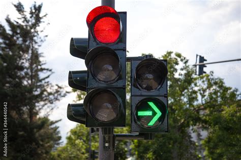 Red German Traffic Light With Green Arrow Light Up Allow By Law To Turn