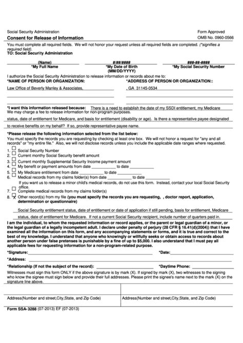 Form Ssa 3288 Consent For Release Of Information Printable Pdf Download