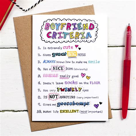 To make the cuteness vibrant and gift him these paintings to hunt him about your feelings. Boyfriend Criteria Card By Eskimo Kiss Designs ...