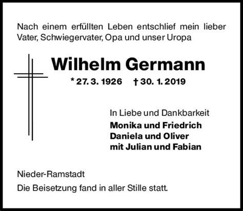 Traueranzeigen Von Wilhelm Germann Vrm Trauer De