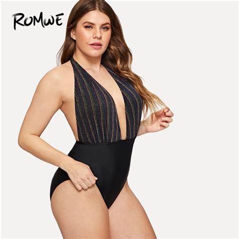 Romwe Sport Plus Size Sexy Deep V Neck Monokinis Backless Striped One Piece Swimwear Beach