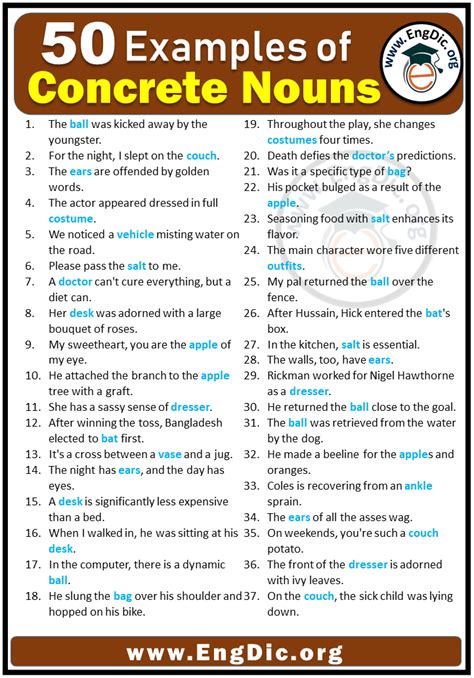 50 Examples Of Concrete Nouns In Sentences With Answers Engdic