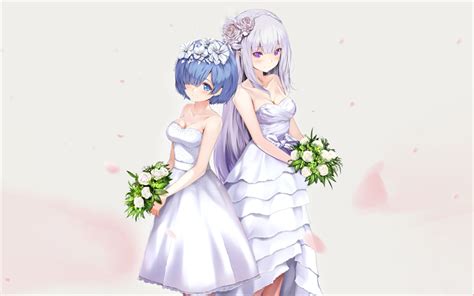 Download Wallpapers Emilia Rem Wedding White Dress Re Zero Manga