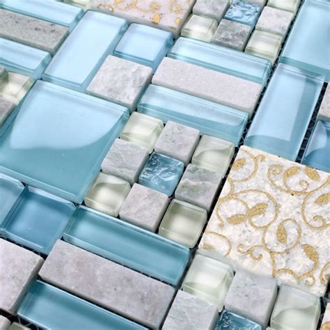 Backsplash Tiles Kitchen Blue Glass And Stone Blend Mosaic Natural Marble