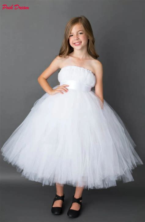Posh Dream Pure White Princess Girls Tutu Dress Mid Calf Little Girls