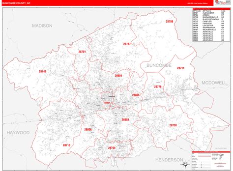 Buncombe County, NC Zip Code Wall Map Red Line Style by MarketMAPS