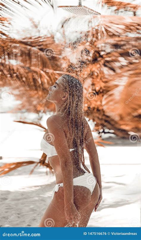 Wet Bikini Female Enjoying Outdoor Tropical Shower At Maldives Slim Woman Showering Outside By