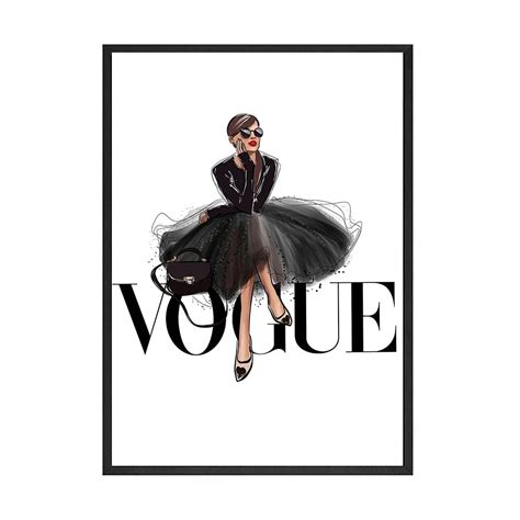Vogue Fashion Wall Art Pink Perfume Floral Girl In Black Dress Fine Ar