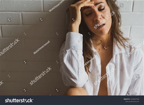 Sad Depressed Caucasian Lady Semi Nude Stock Photo