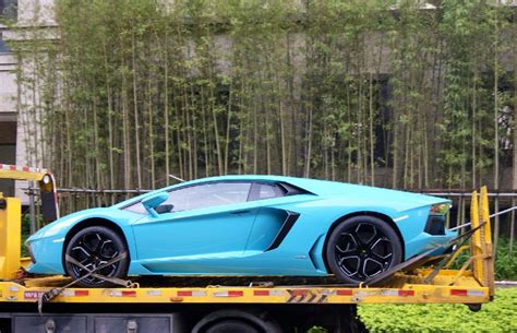 Baby Blue Lamborghini Aventador On A Truck In China