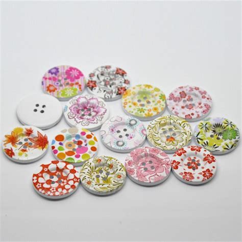 100pcs Mixed Flower Pattern Wooden Buttons 4 Holes Round Wood Sewing