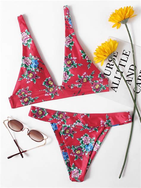 Shop Flower Print Plunge Bikini Set Online Shein Offers Flower Print